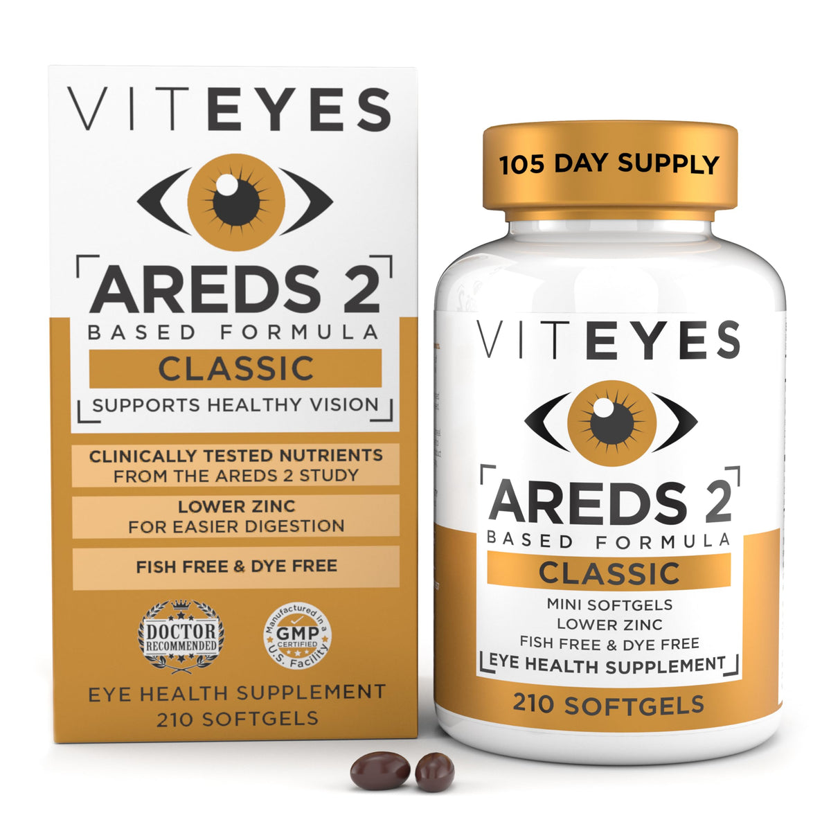 Viteyes AREDS 2 classic softgels close-up, easy-to-swallow eye health support.