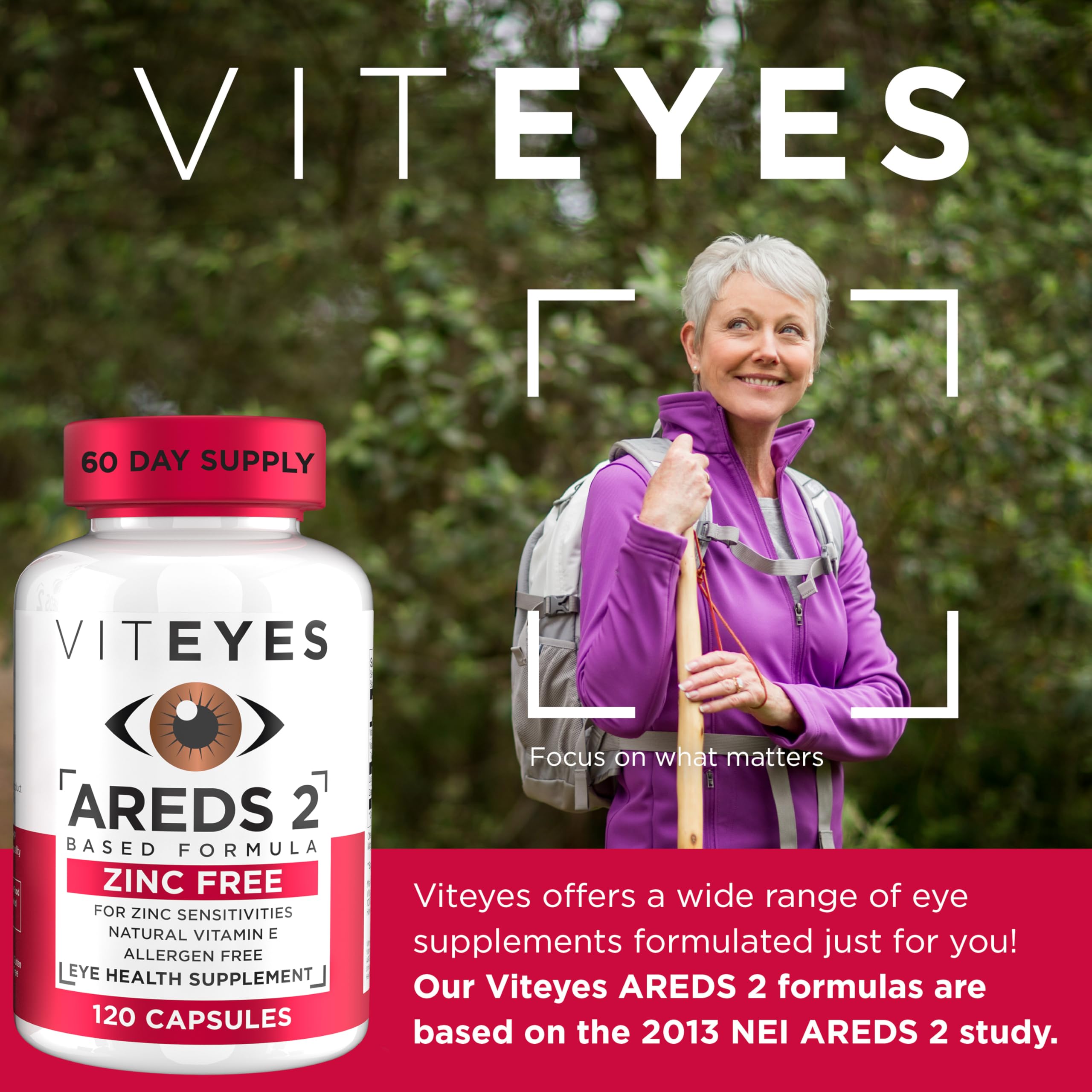 Viteyes AREDS 2 capsules closeup showing two-capsule daily dose for eye nutrition.