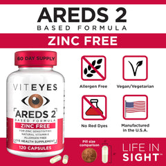 Viteyes AREDS 2 zinc-free badge emphasizes copper-free eye vitamins.