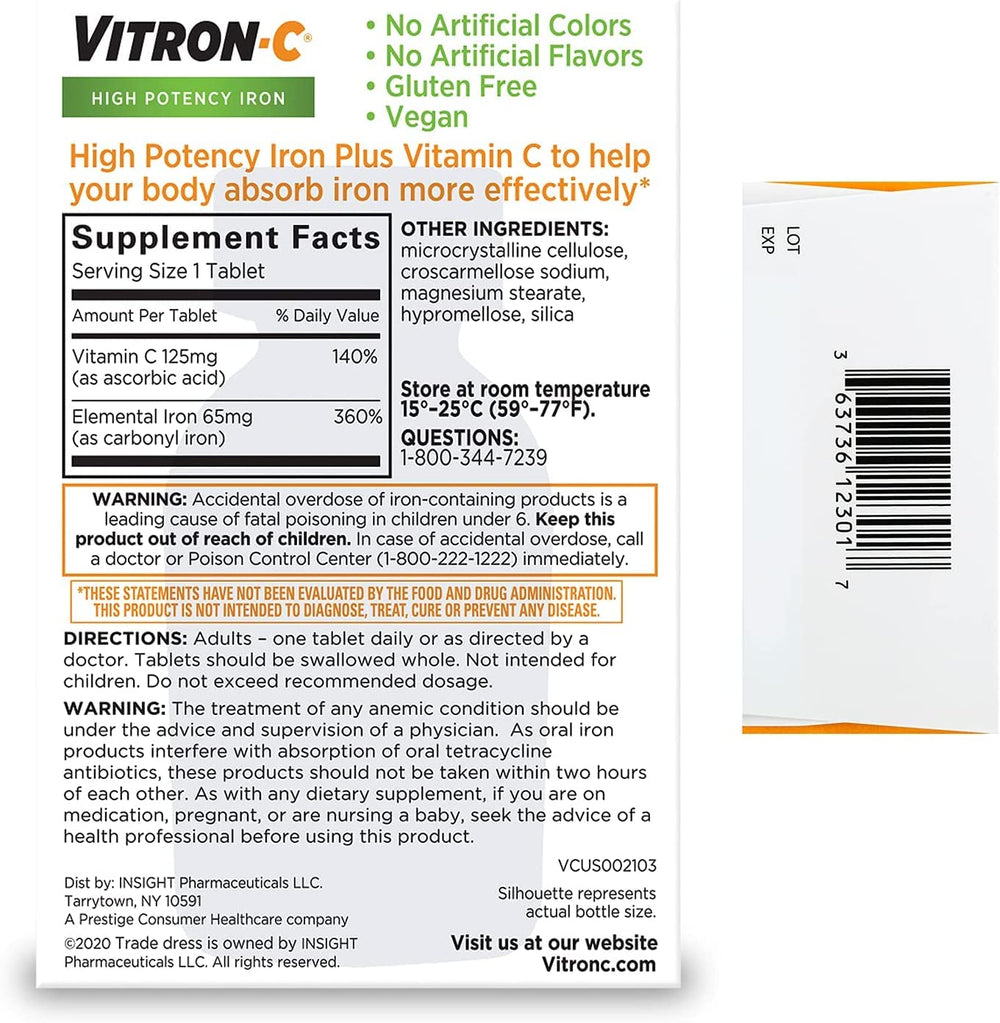 Tablets poured from a Vitron-C bottle for easy daily dosing.