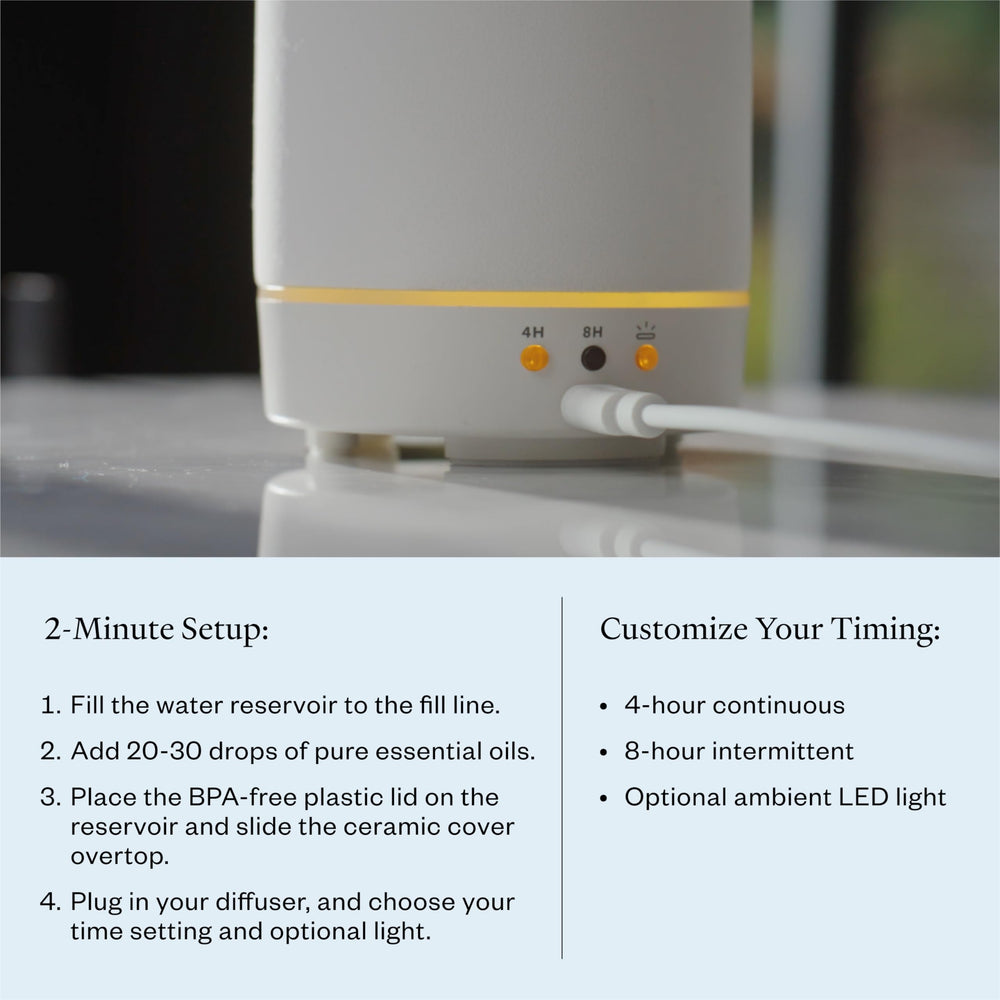 Vitruvi Stone Diffuser sits on bedside or desk as stylish decor with calming scent.