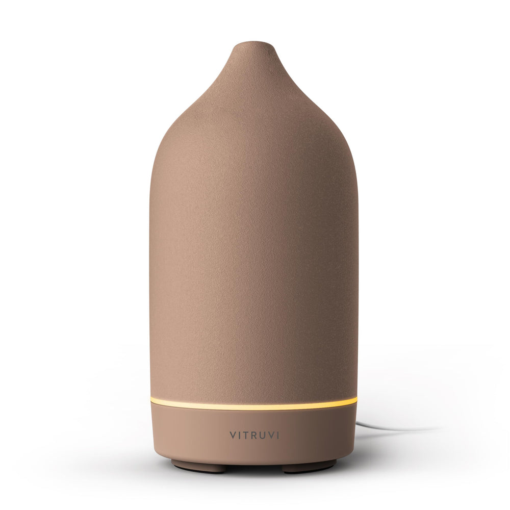 Vitruvi Stone Diffuser with ceramic suede cover adds elegant aroma to any room.