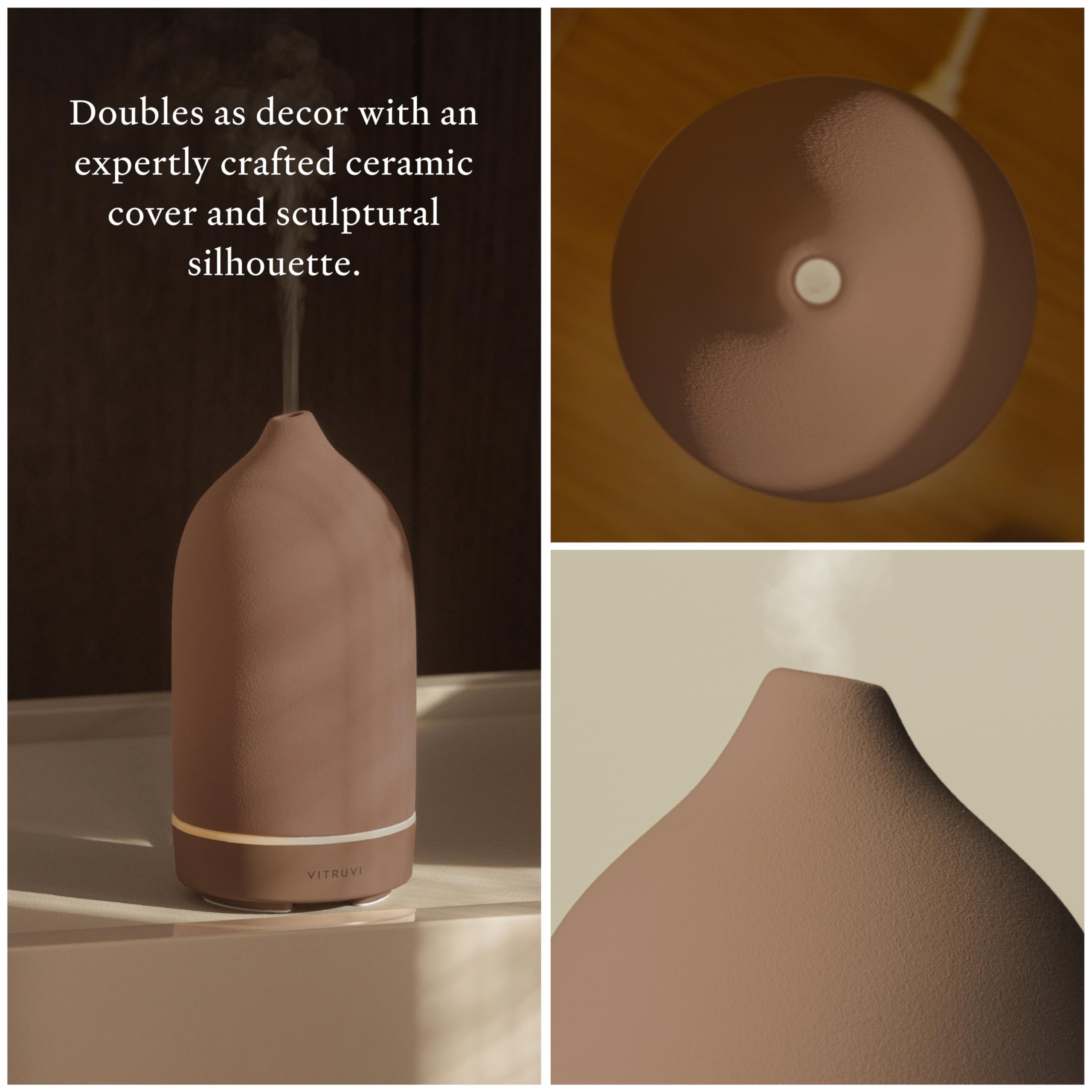 Vitruvi Stone Diffuser with optional soft LED glow for ambient lighting.