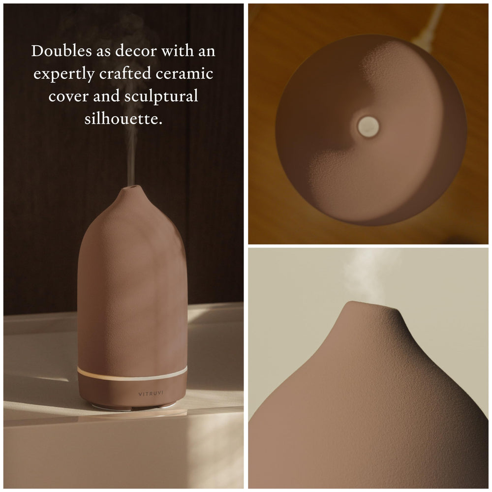 Vitruvi Stone Diffuser with optional soft LED glow for ambient lighting.