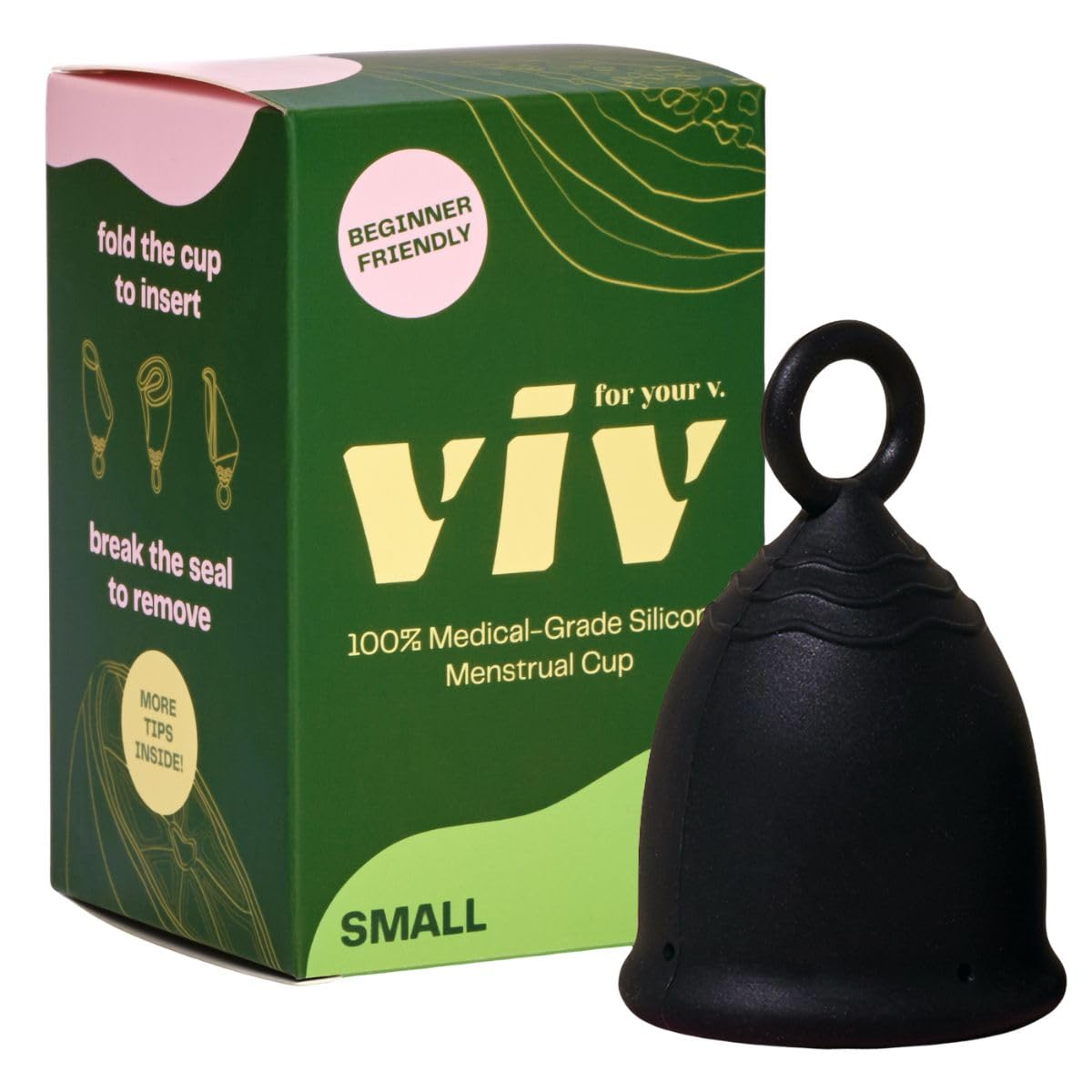 Viv for Your V small premium menstrual cup with ring stem for easier removal during daily activities.