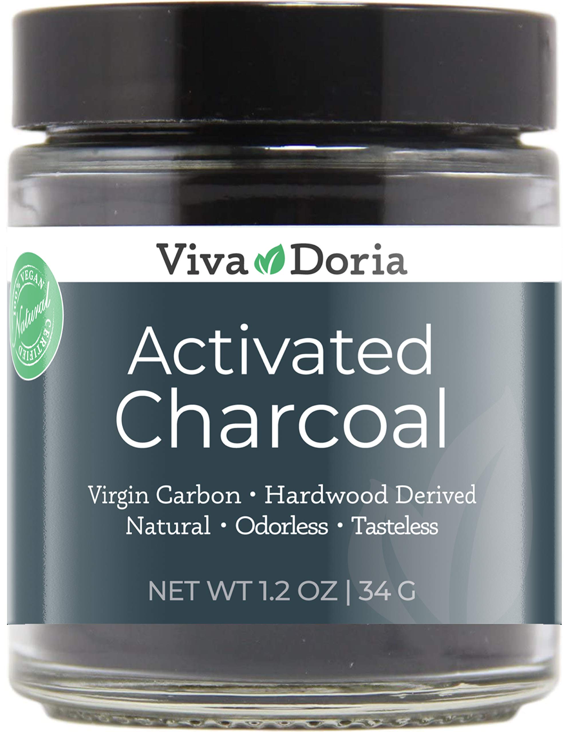 Viva Doria activated charcoal powder jar for skincare and food coloring