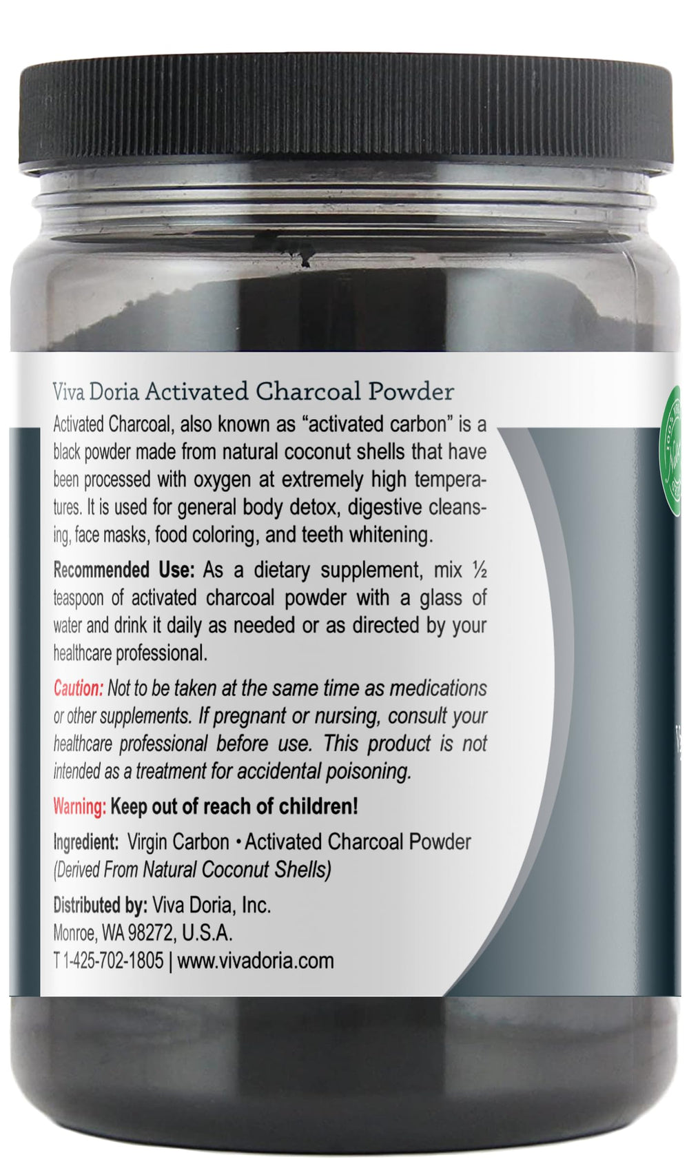 Viva Doria coconut-shell derived charcoal jar with screw-top packaging for convenient at-home use