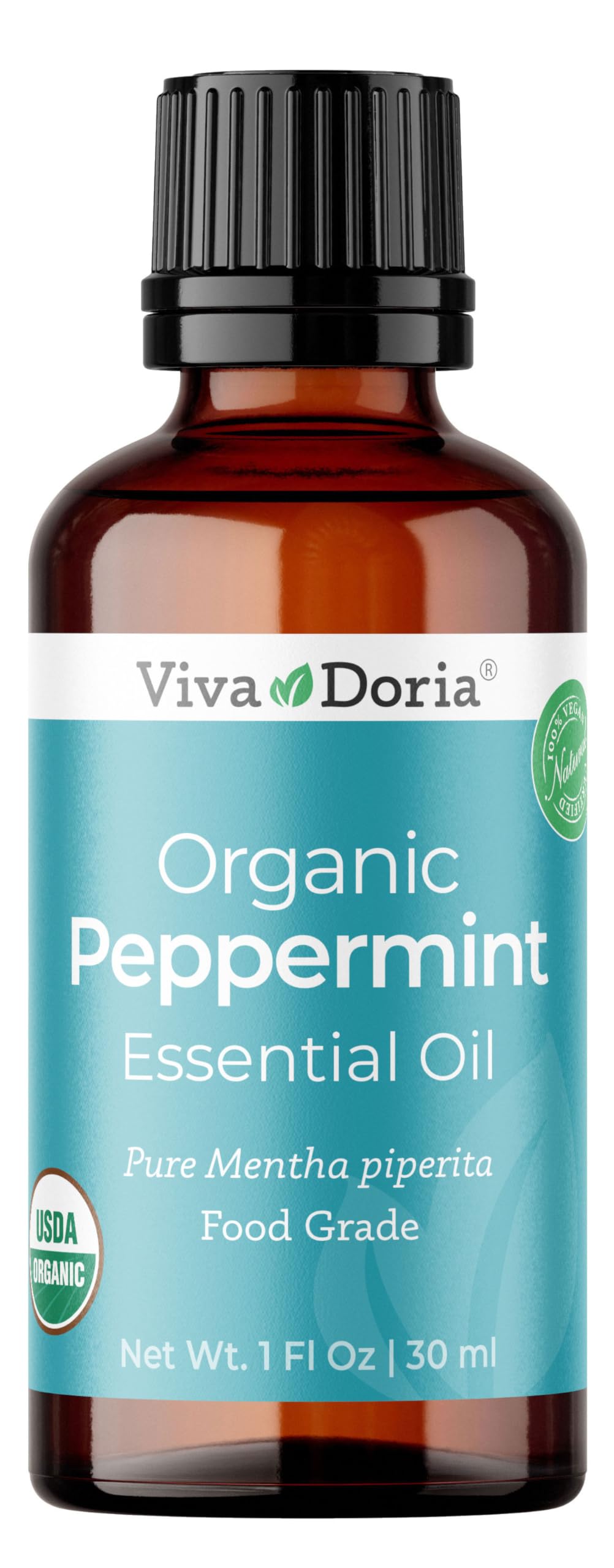 Viva Doria Peppermint Oil bottle showing pure, versatile essential oil for aromatherapy and invigorating scents.