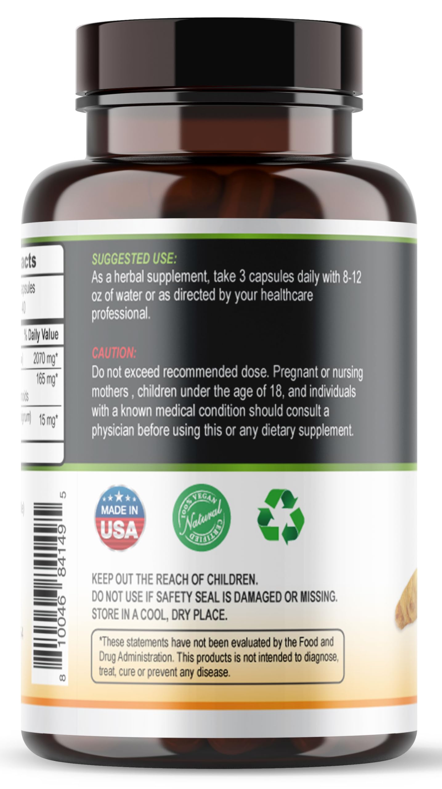Viva Doria Turmeric Curcumin bottle back with supplement facts and pepper extract note
