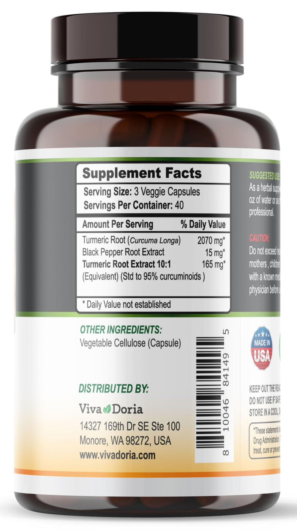 Viva Doria Turmeric Curcumin capsules inside a bottle for easy daily dosage