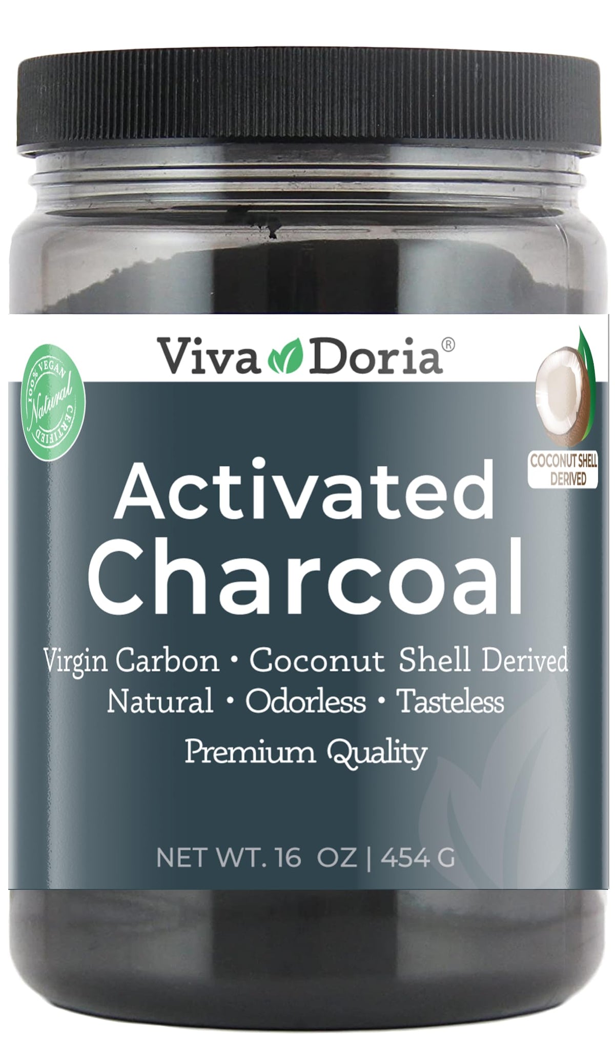 Viva Doria Virgin Activated Charcoal Powder close-up; porous texture ideal for skincare