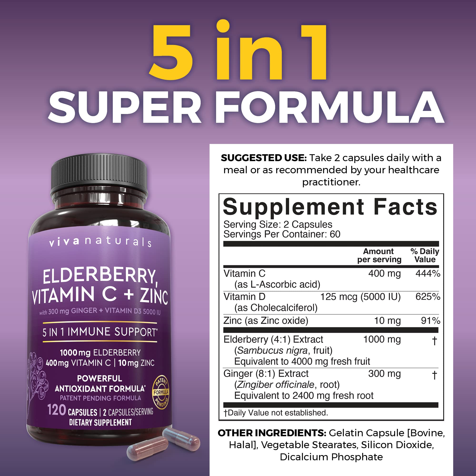 Viva Naturals elderberry extract label with vitamin C and D3