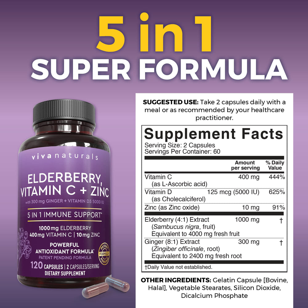 Viva Naturals elderberry extract label with vitamin C and D3