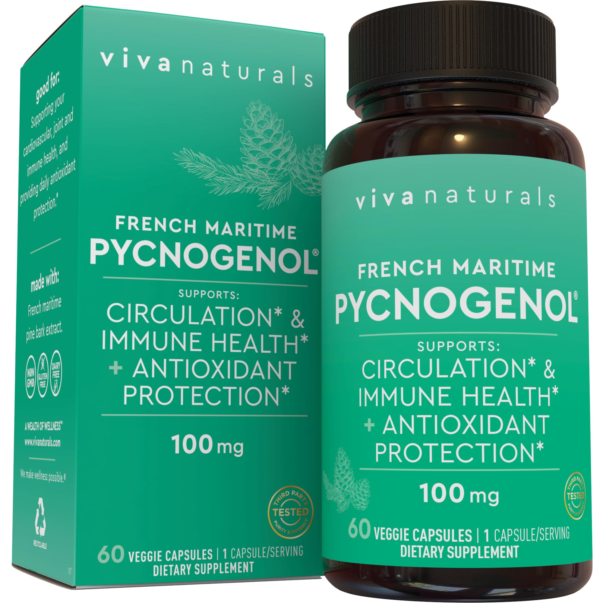 Viva Naturals Pycnogenol 100mg bottle supports daily circulation and antioxidant-like activity.