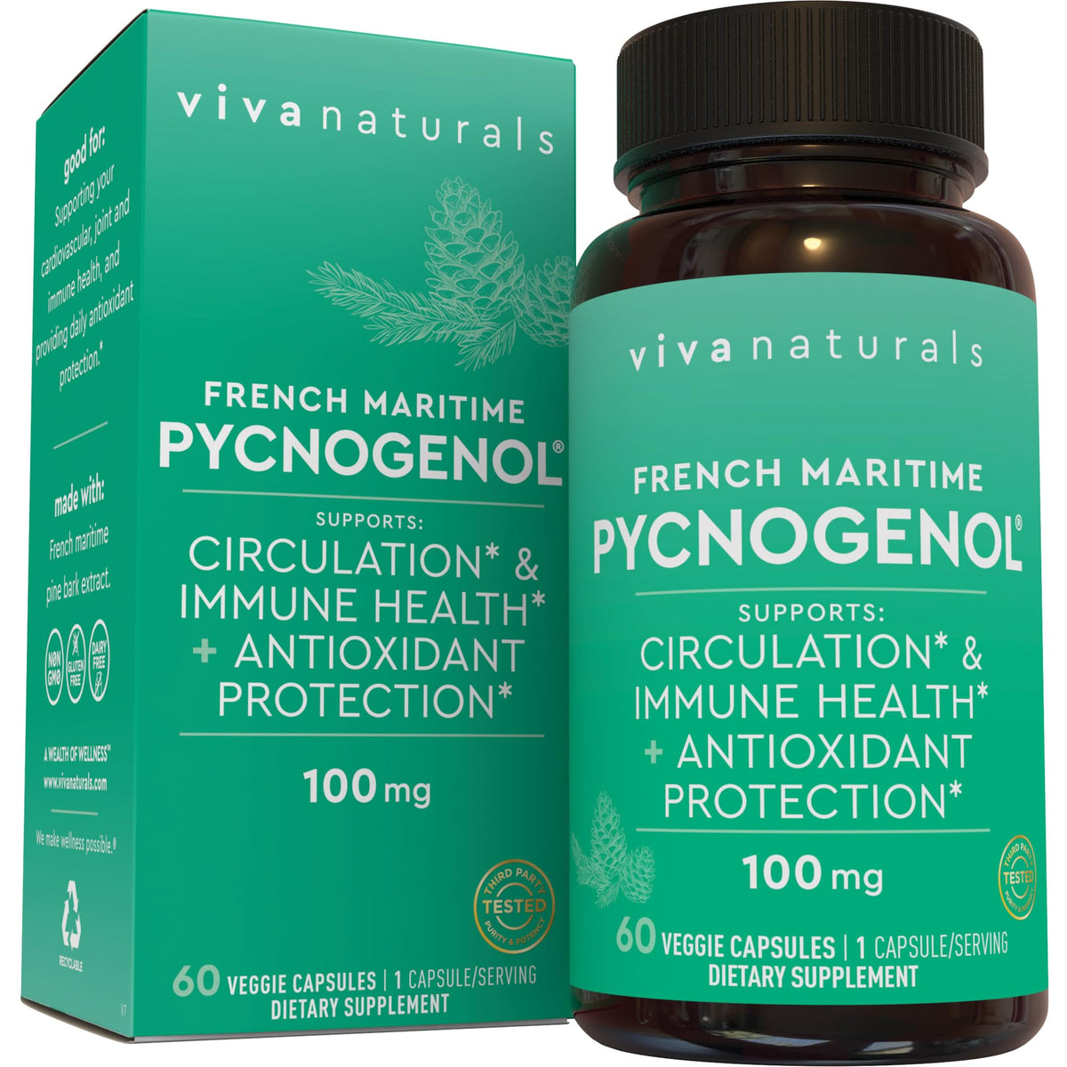 Viva Naturals Pycnogenol 100mg bottle supports daily circulation and antioxidant-like activity.