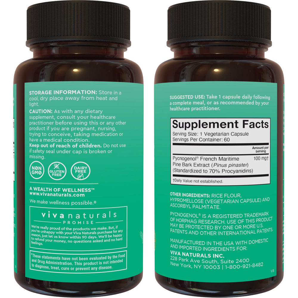 Packaging and capsules of Viva Naturals Pycnogenol for everyday wellness.
