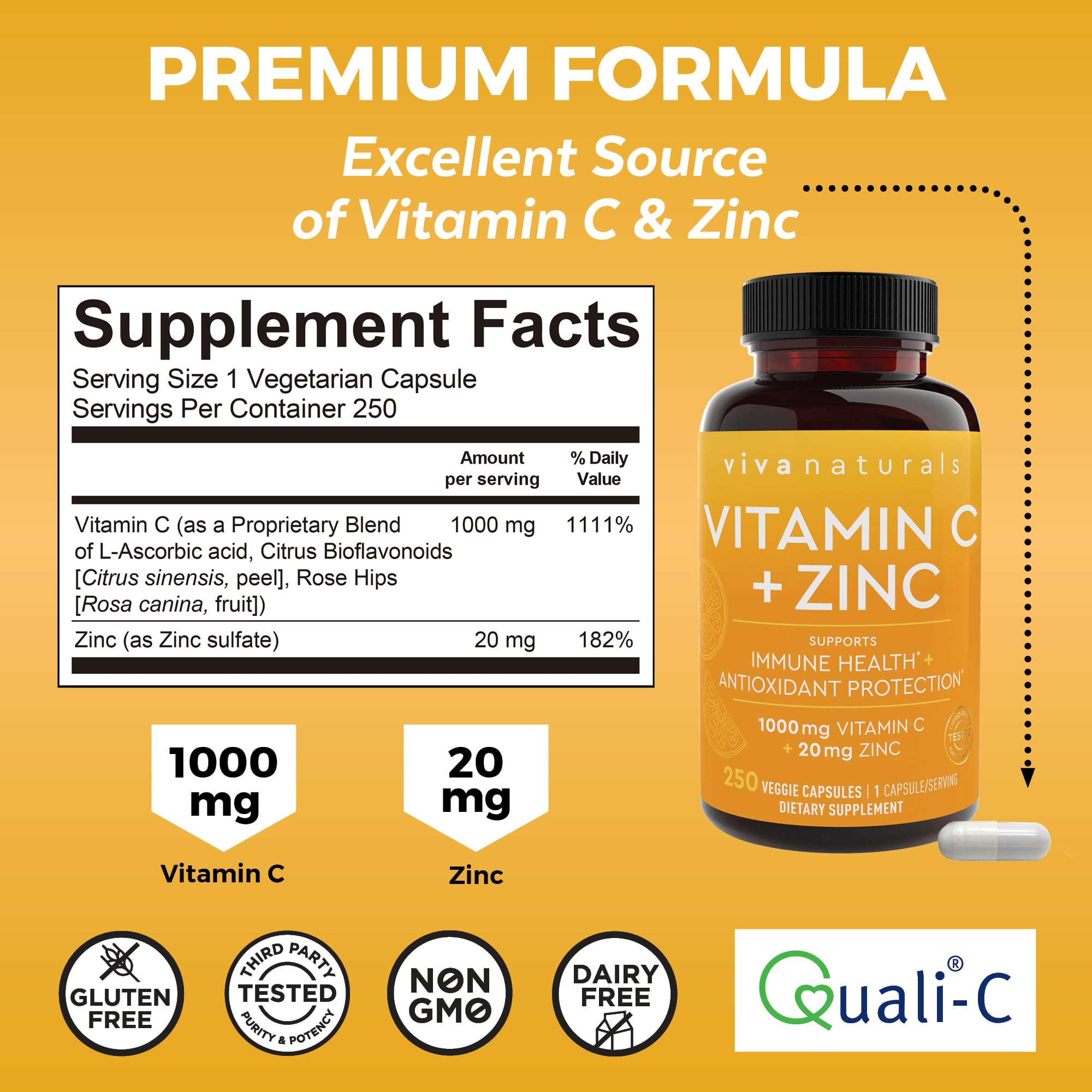 Viva Naturals capsules pour showing easy daily vitamin C with zinc