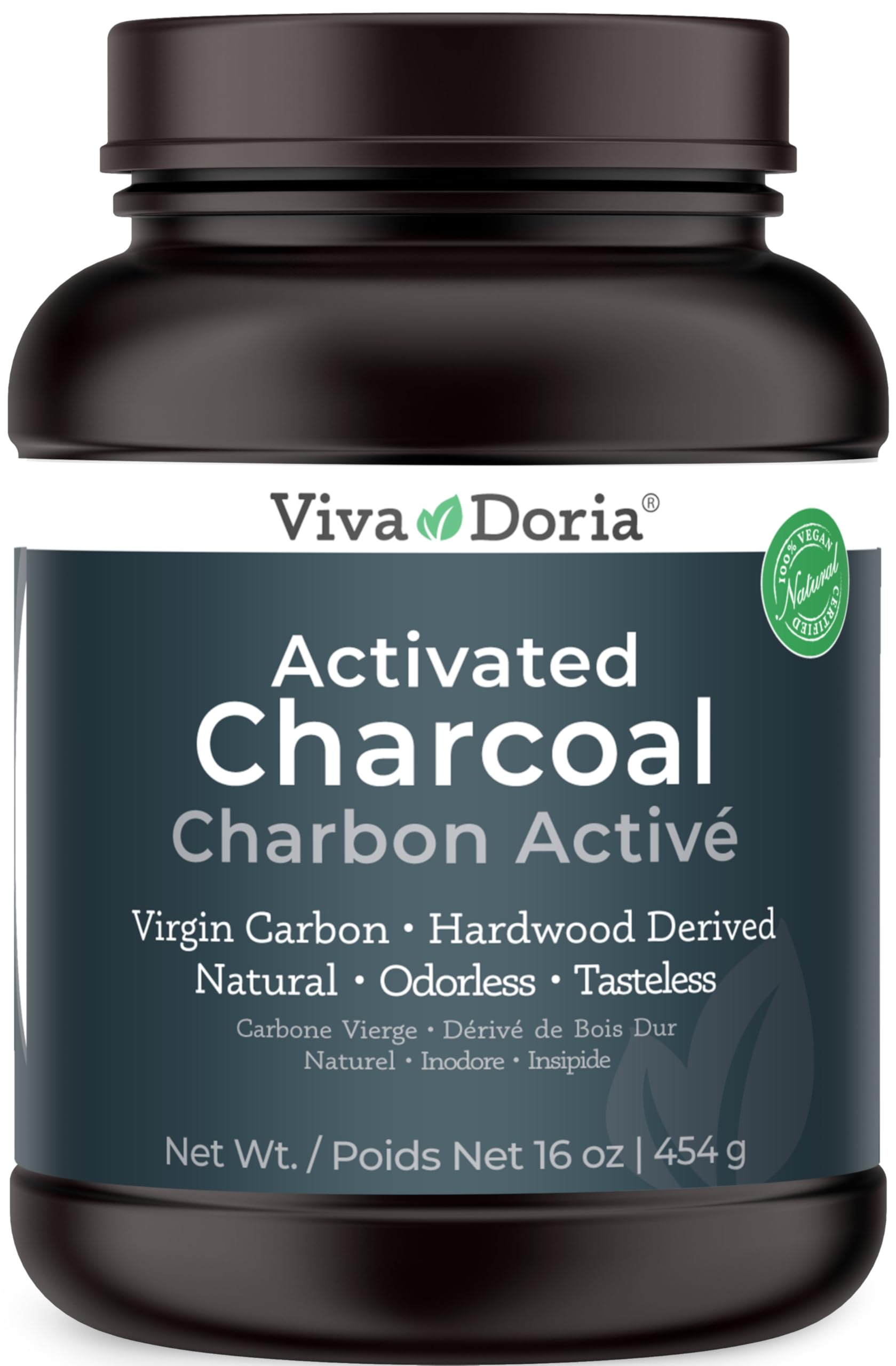Viva Doria Charcoal Powder texture close-up showing porous surface and adsorptive potential.