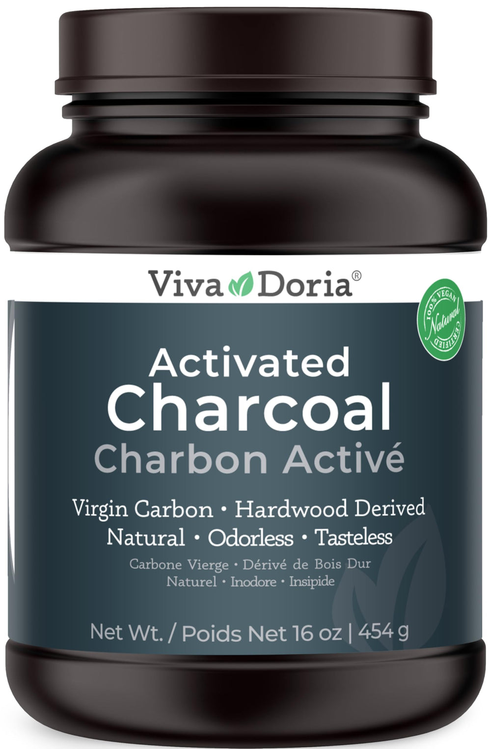 Viva Doria Virgin Activated Charcoal Powder jar close-up highlighting premium packaging.