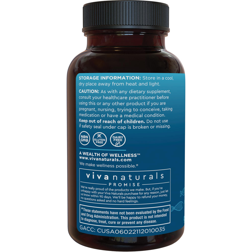 Viva Naturals omega3 EPA DHA DPA breakdown on capsule label.