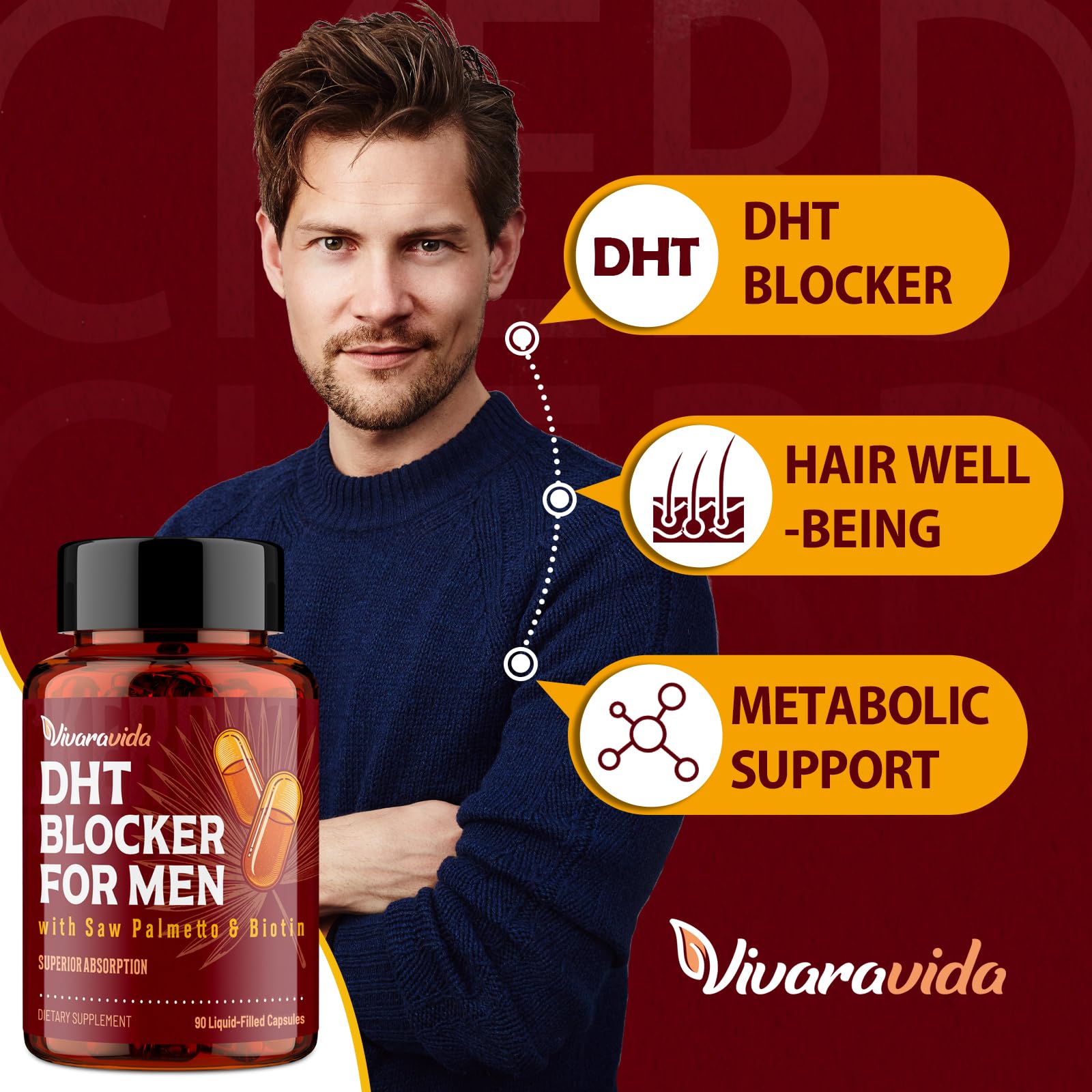 Vivaravida DHT Blocker bottle on bathroom shelf supports daily hair care routine