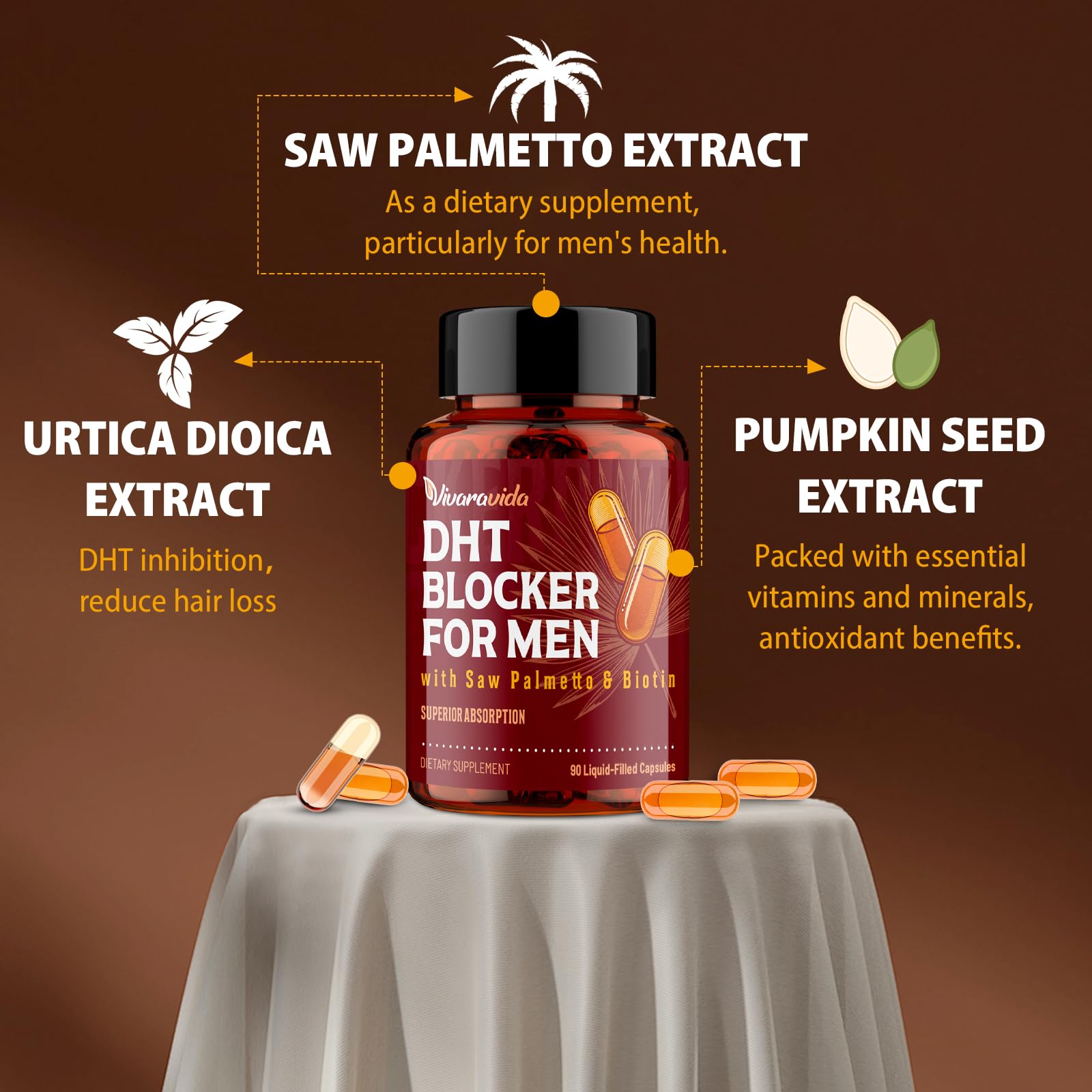 Vivaravida DHT Blocker label close-up highlights saw palmetto and biotin benefits