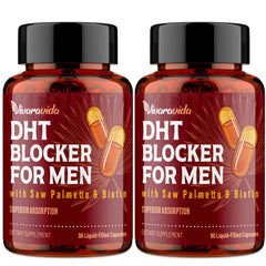 Vivaravida DHT Blocker bottle close-up showing liquid-filled capsules for absorption
