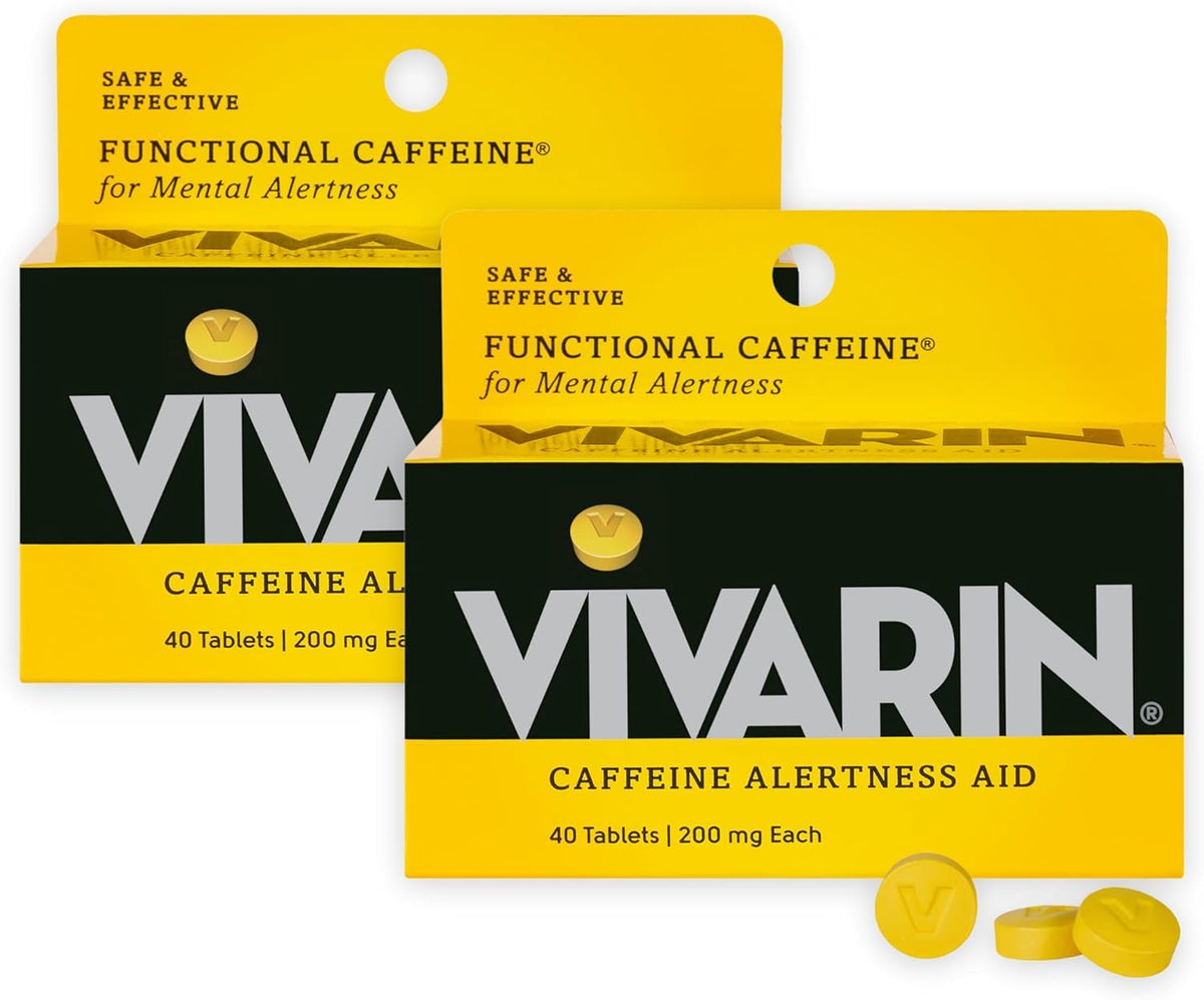 Vivarin bottle on a desk, quick caffeine boost for focus.
