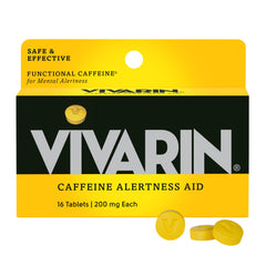 Vivarin bottle front view shows compact caffeine pills for quick energy.
