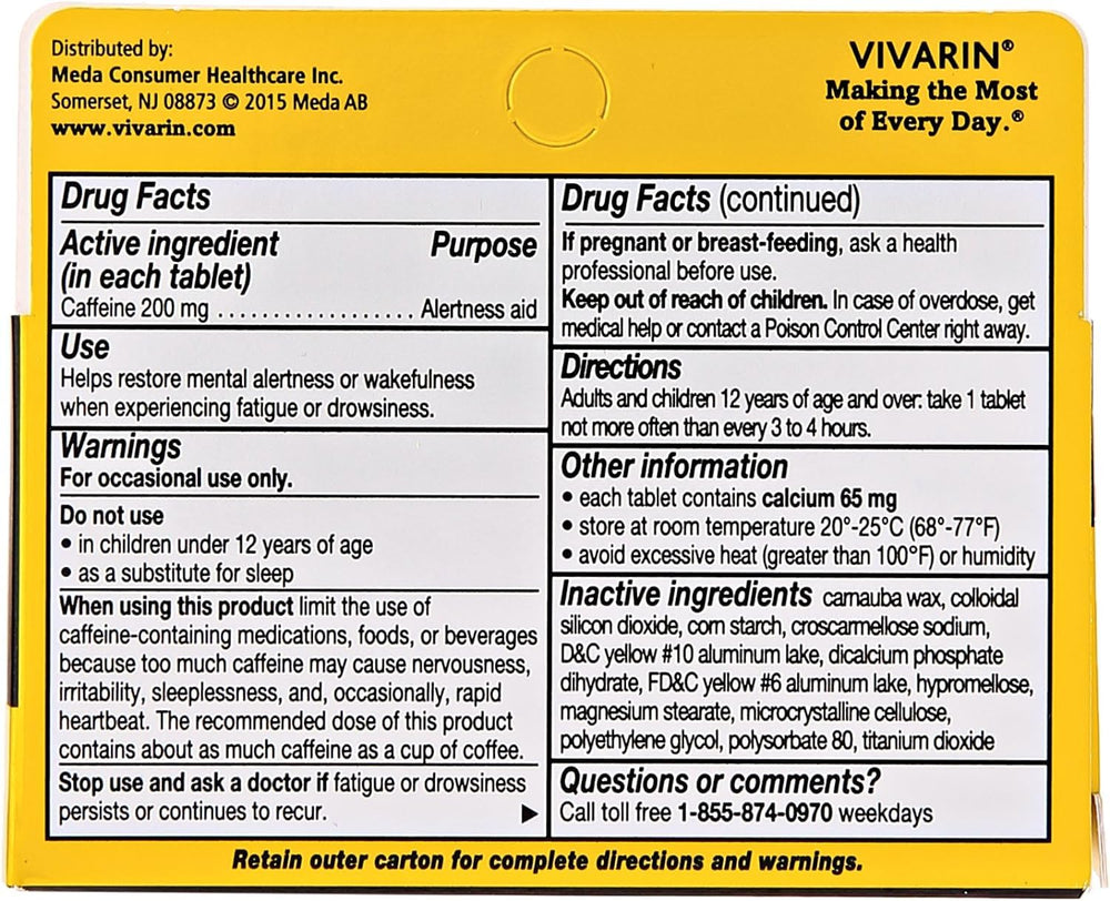 Vivarin dosing instruction card for safe use