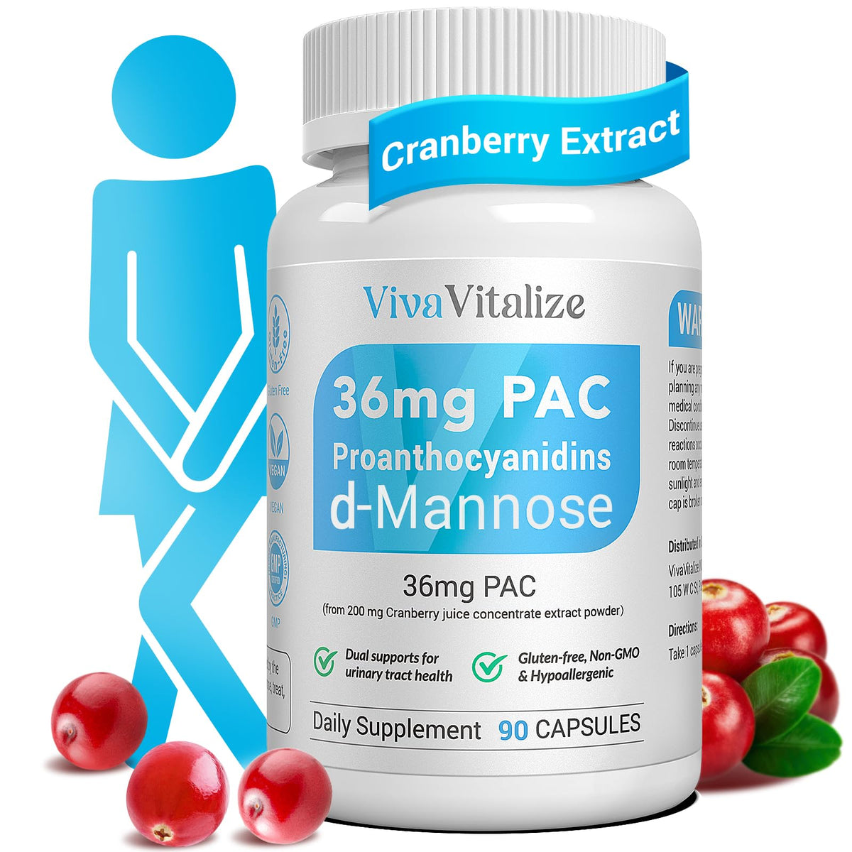 VivaVitalize 5-in-1 cranberry supplement bottle for daily urinary tract support.