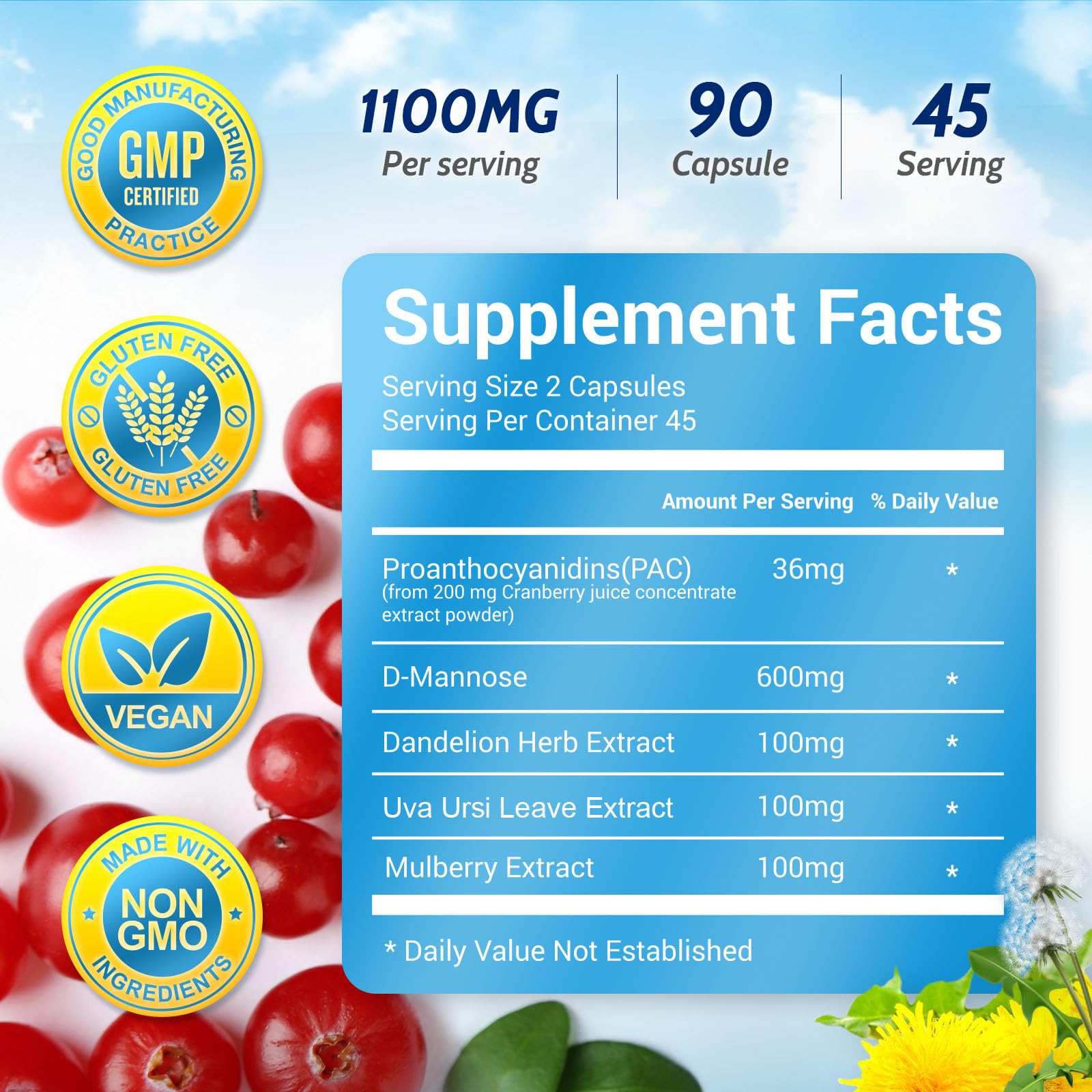 VivaVitalize D-Mannose with cranberry capsule aids natural cleansing of the urinary tract.