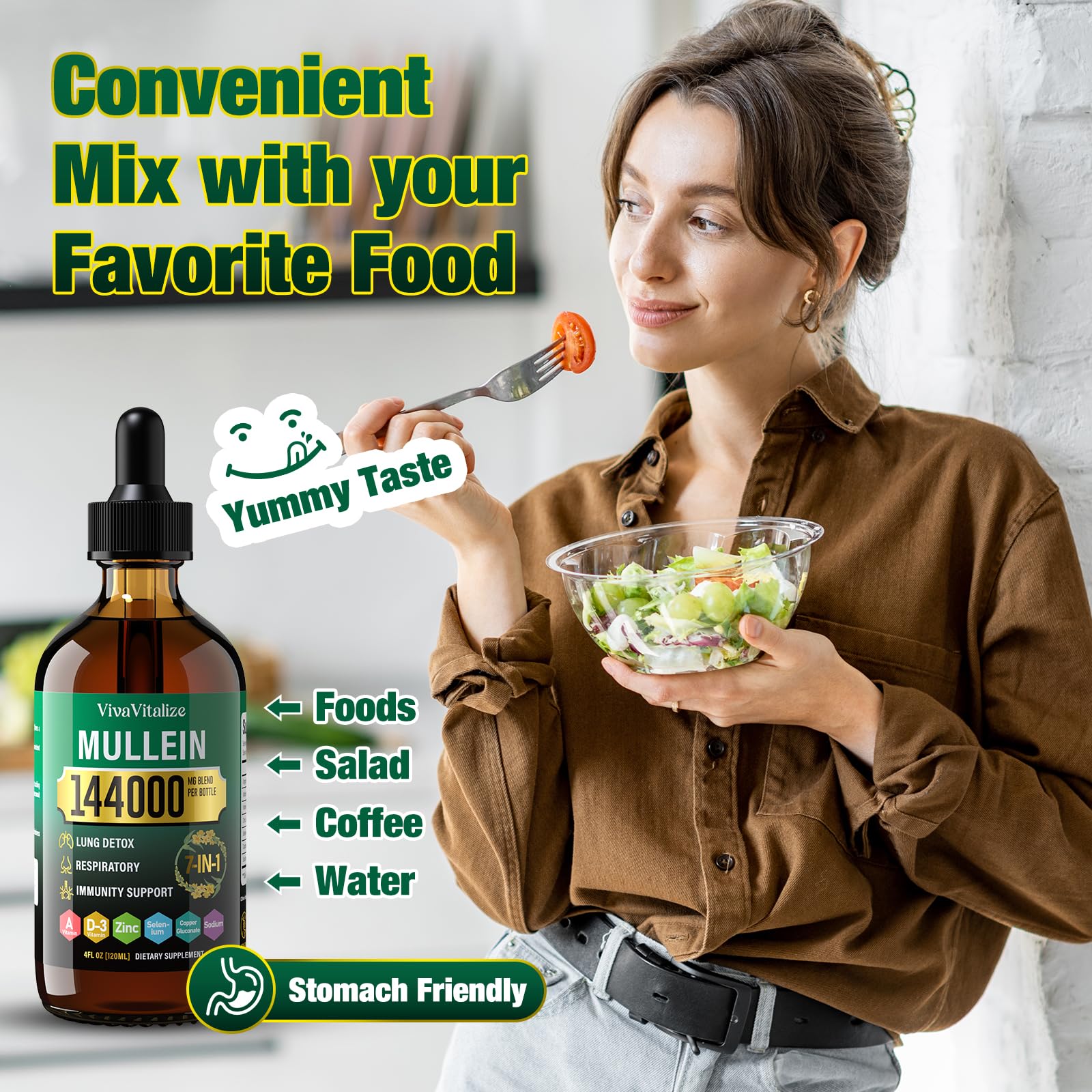 VivaVitalize Mullein Drops bottle beside steaming mug.