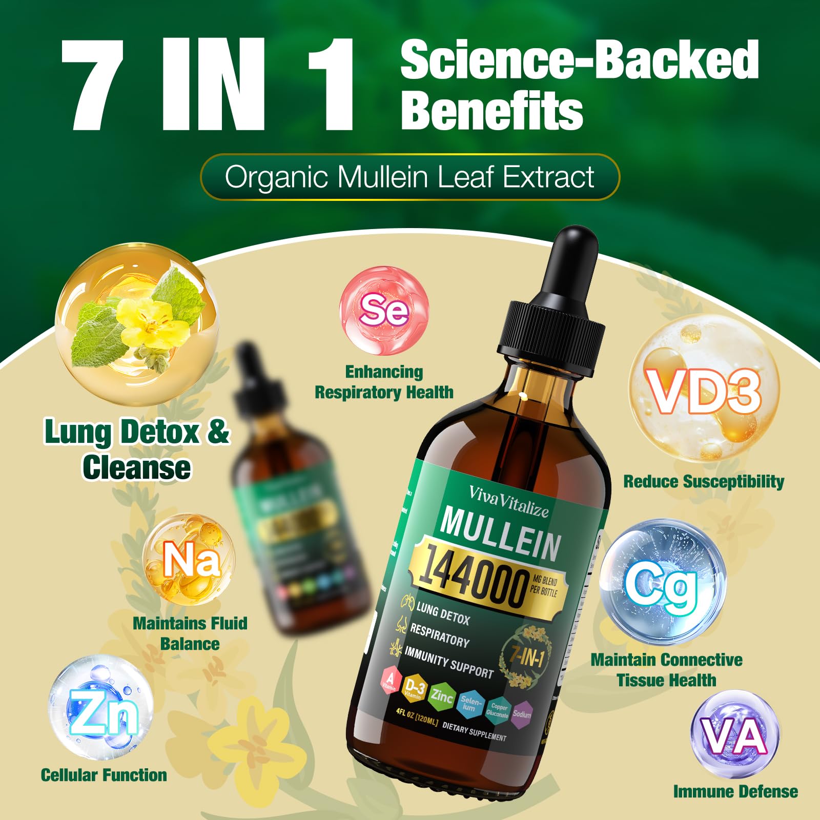VivaVitalize Mullein Drops dosage-marked bottle for daily use.