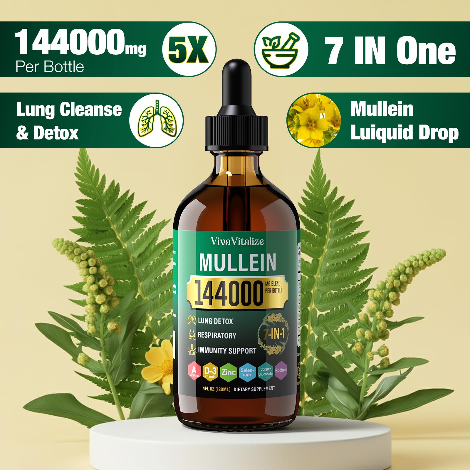 VivaVitalize Mullein Drops dropper dispensing into water for easy use.