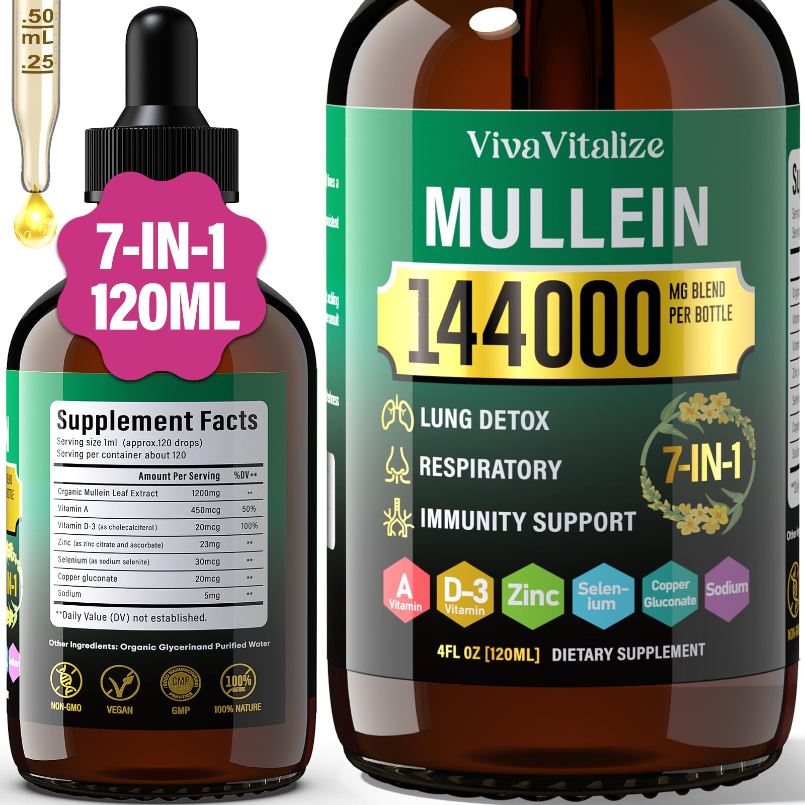VivaVitalize Mullein Drops vegan glycerin base label close-up.