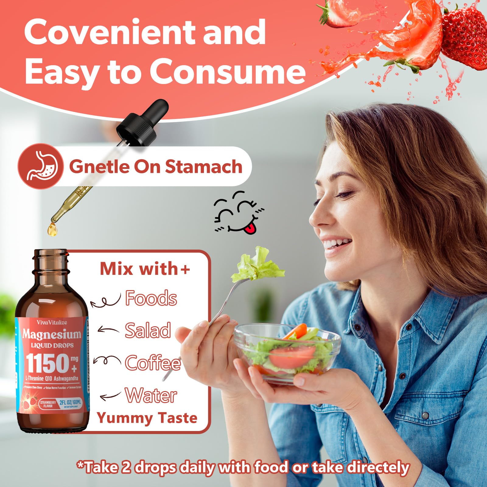 VivaVitalize strawberry-flavored liquid drop, tasty and sugar-free.