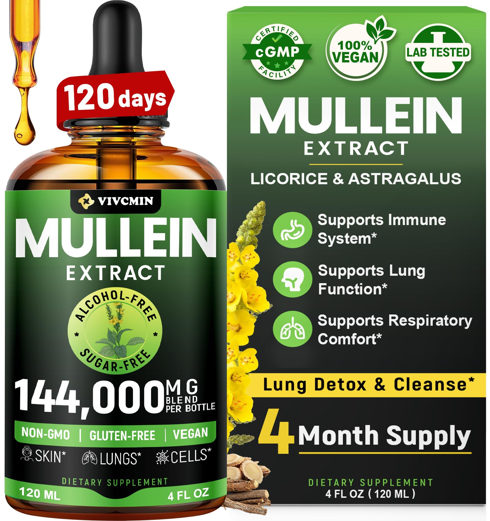Vivcmin Mullein Drops bottle and pour for easy daily lung support.