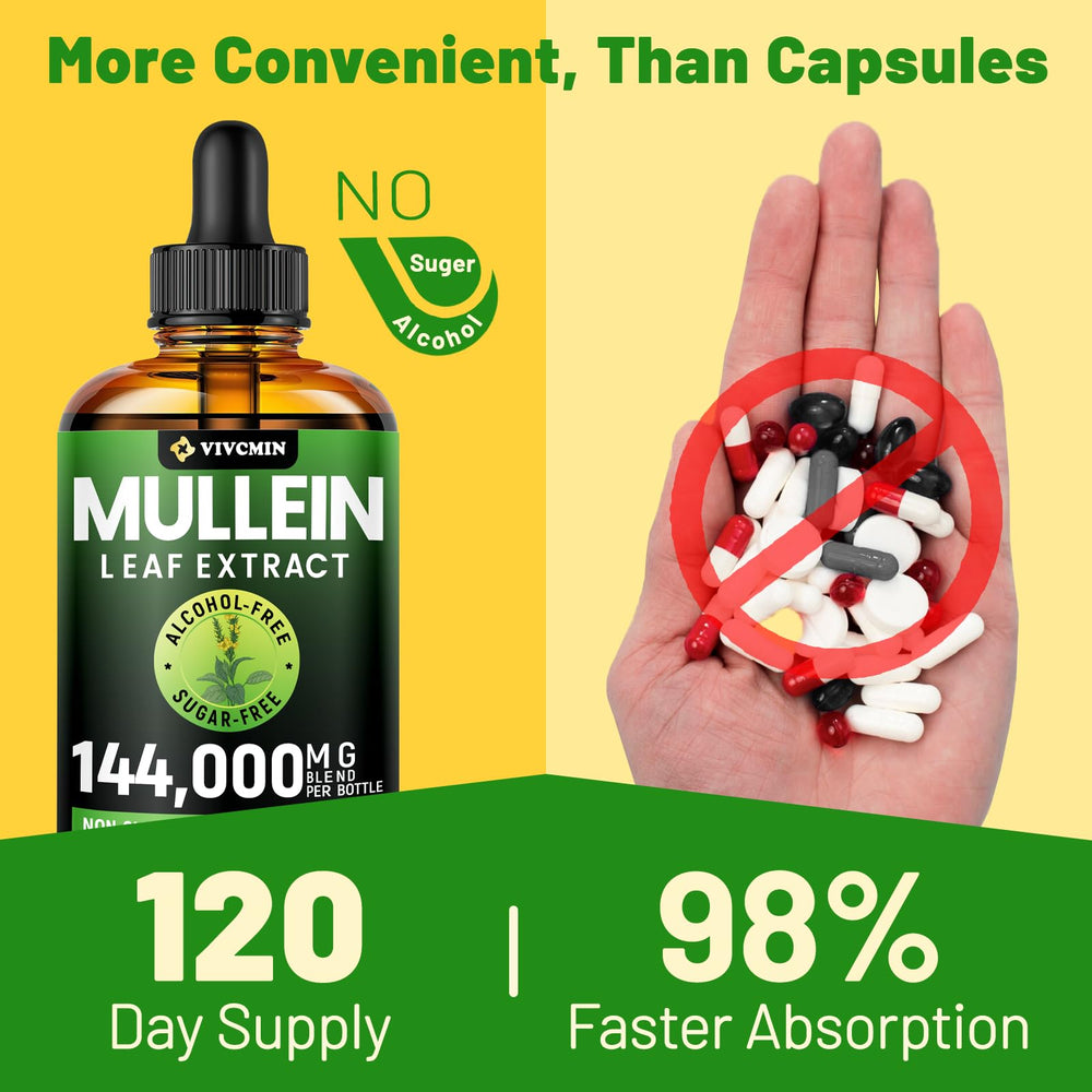 Vivcmin Mullein Drops vegan and sugar-free label communicates clean choice.