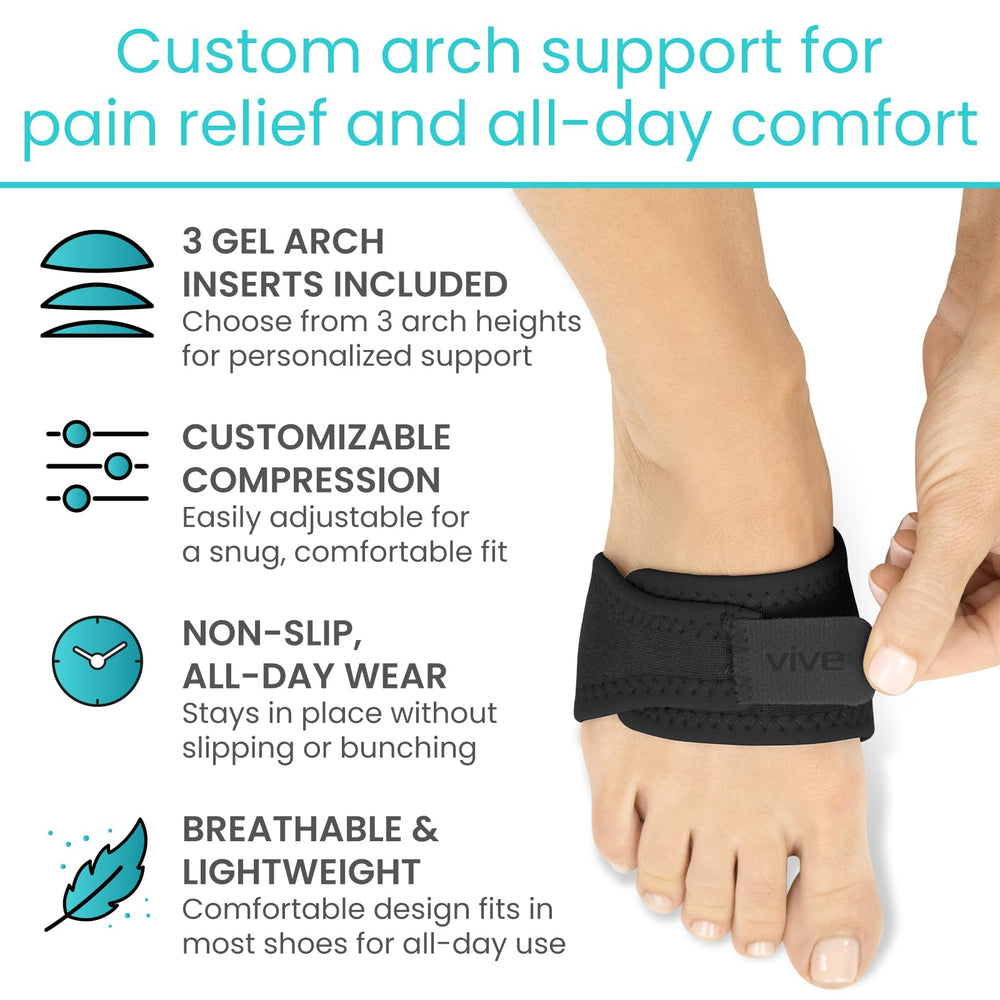 Vive arch support brace adjustable strap demonstrates customizable compression for a secure fit.