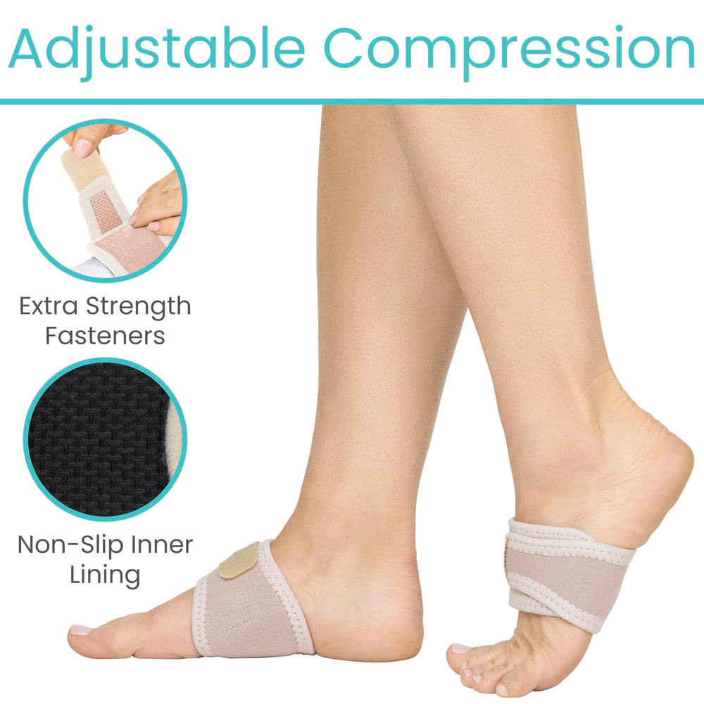 Vive arch support fastener strap adjusts compression for personalized comfort.