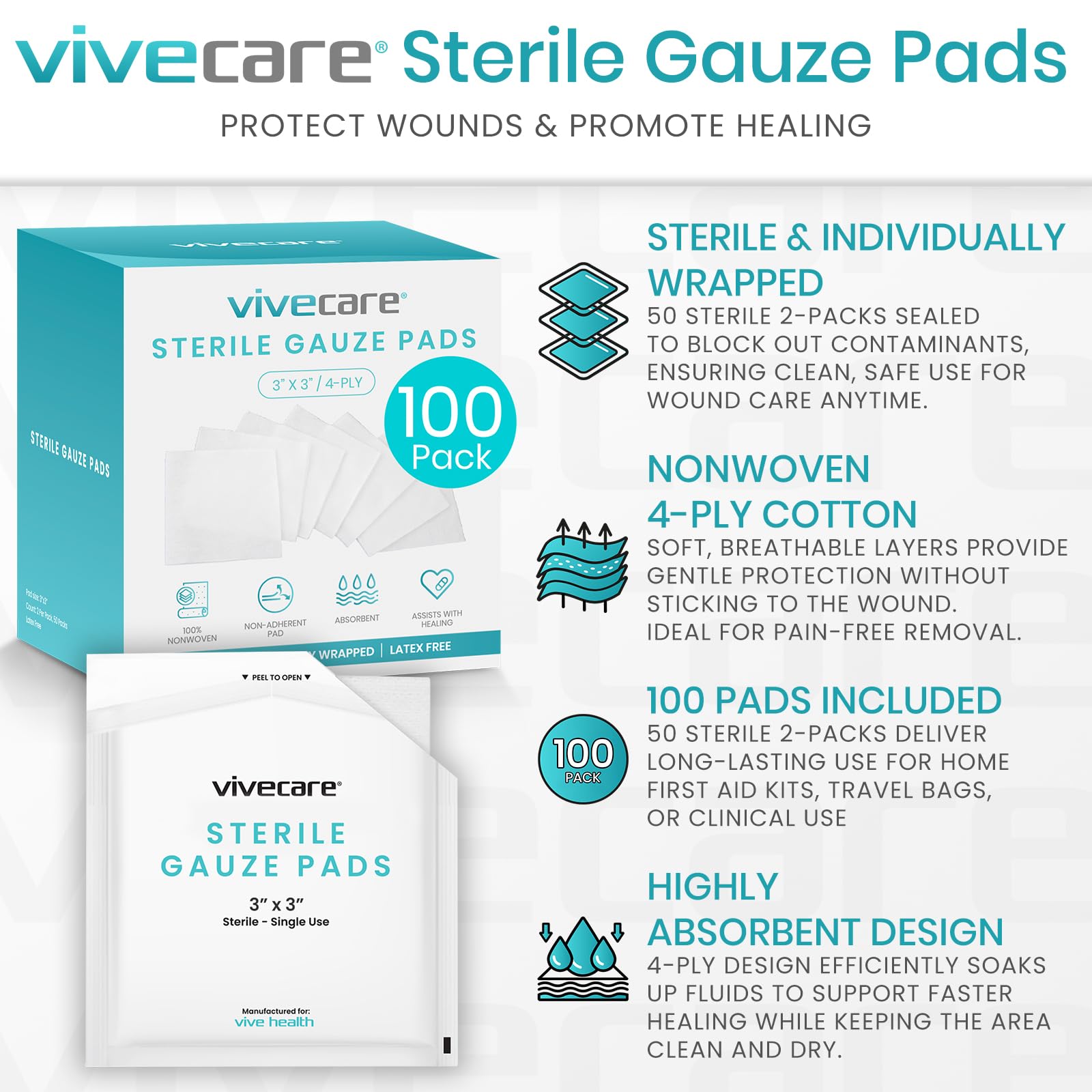 Vive Care 3x3 gauze pads, individually wrapped for on-the-go wound care.