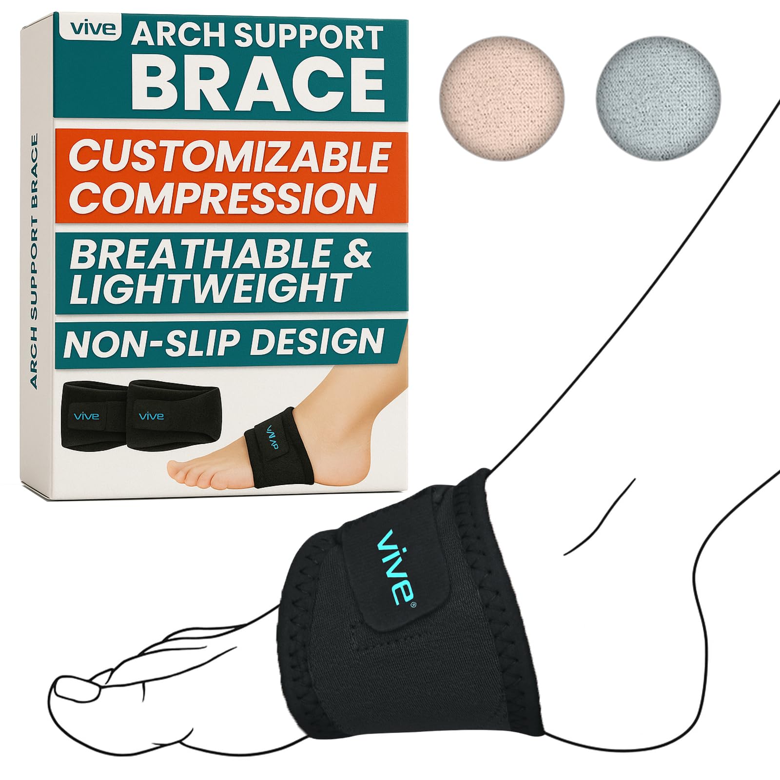 Vive Foot Arch Support Brace packaging clearly presents features for quick decisions.
