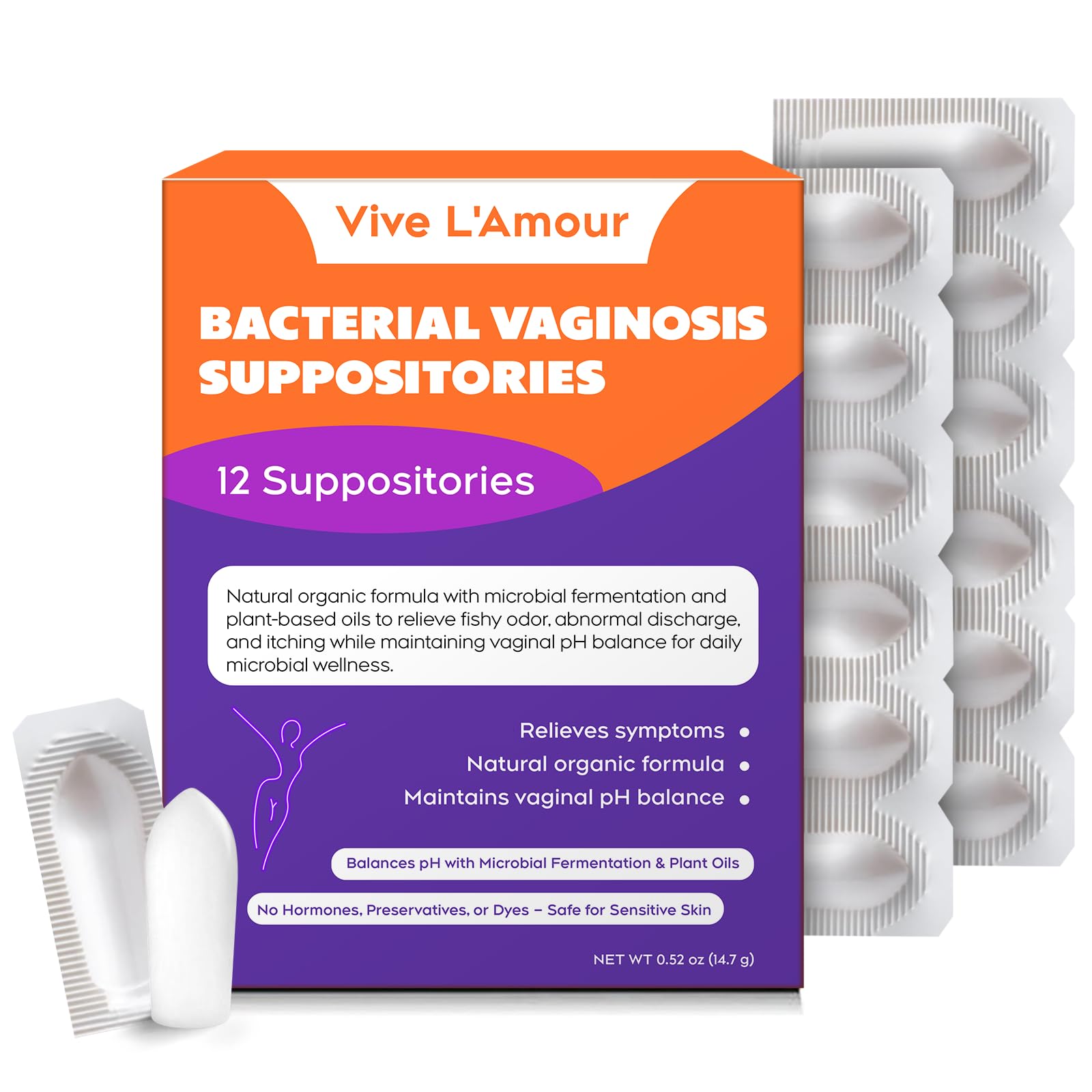 Vive L'Amour vaginal suppositories packaging for discreet, travel-friendly BV support.