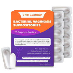 Vive L'Amour vaginal suppositories packaging for discreet, travel-friendly BV support.