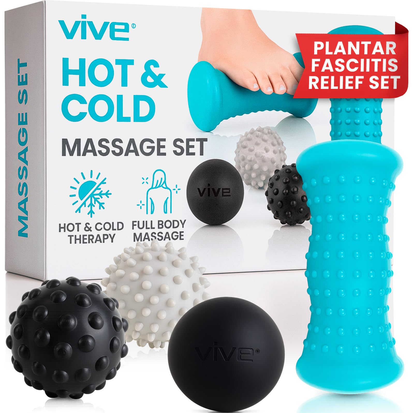 Vive Massage Ball Set foot-roller demonstrates soothing plantar fascia relief during home routines.