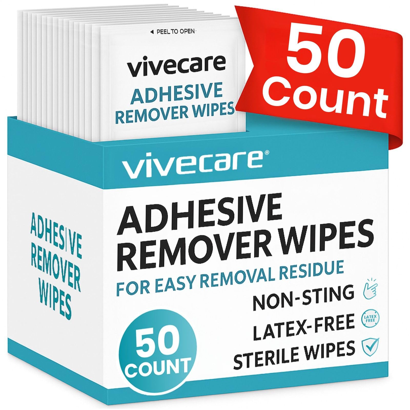 ViveCare adhesive remover wipes pack close-up for easy residue removal