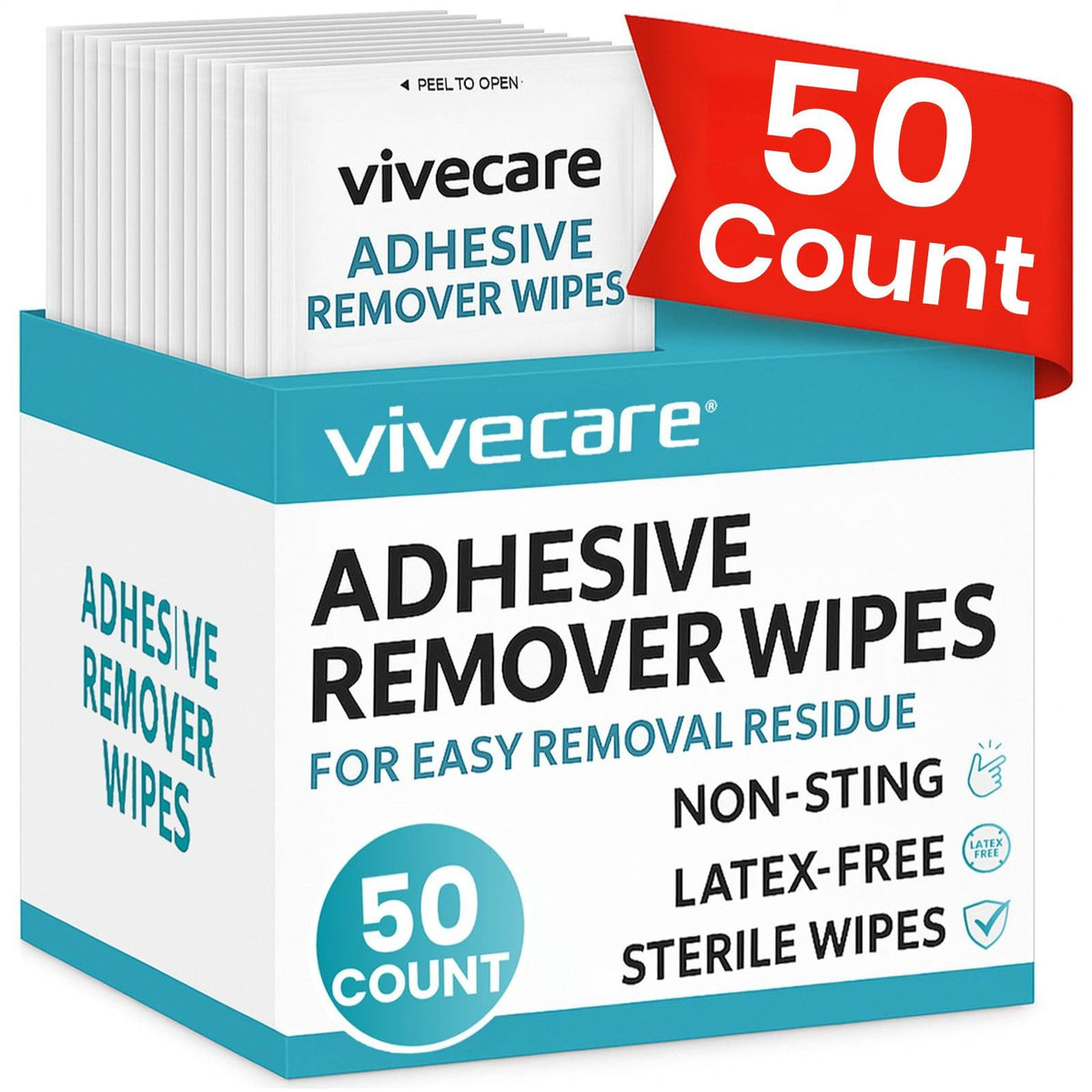 ViveCare adhesive remover wipes pack close-up for easy residue removal