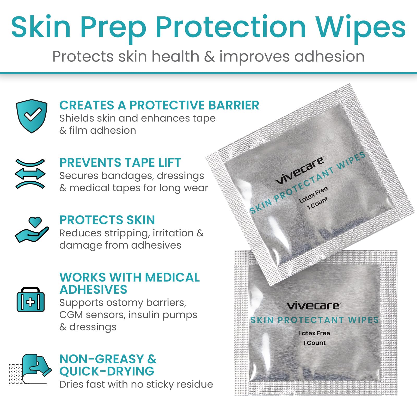 Vive Care Skin Prep Wipes disinfect the skin to improve tape adhesion