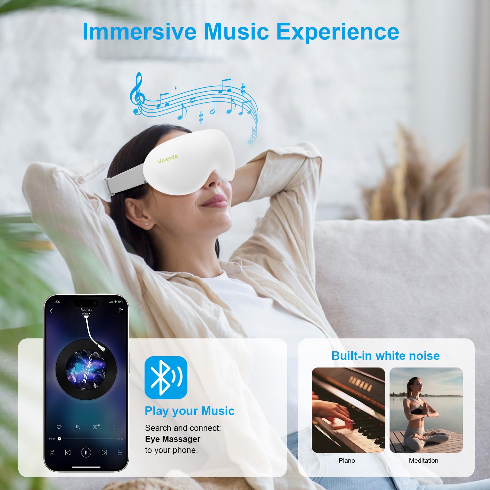 Viverde Eye Massager with Bluetooth music feature for relaxing tunes.